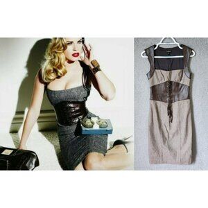 Vtg Bebe Sz 4 Wiggle Dress Leather Lace Up Corset Brown Tweed Wool Pin Up Retro